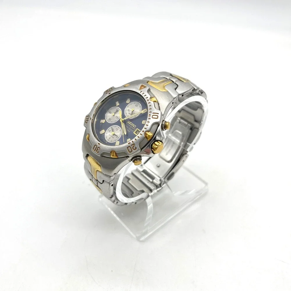 Seiko Chronograph Alarm 7T62-0CR0 Blue Dial Two Tone Stainless Steel Watch